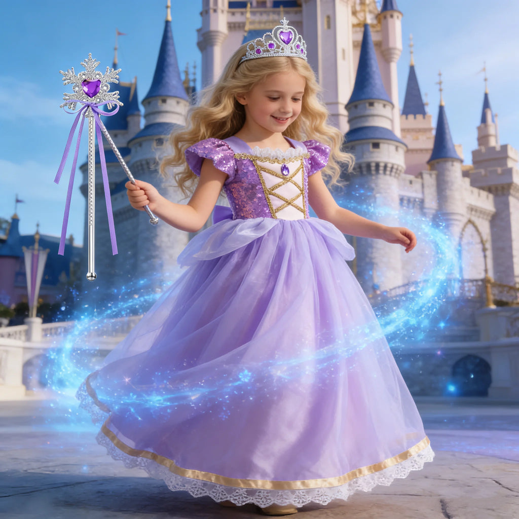Girls Rapunzel Princess Costume Dress — Purple Puffy Halloween & Birthday Party Dress