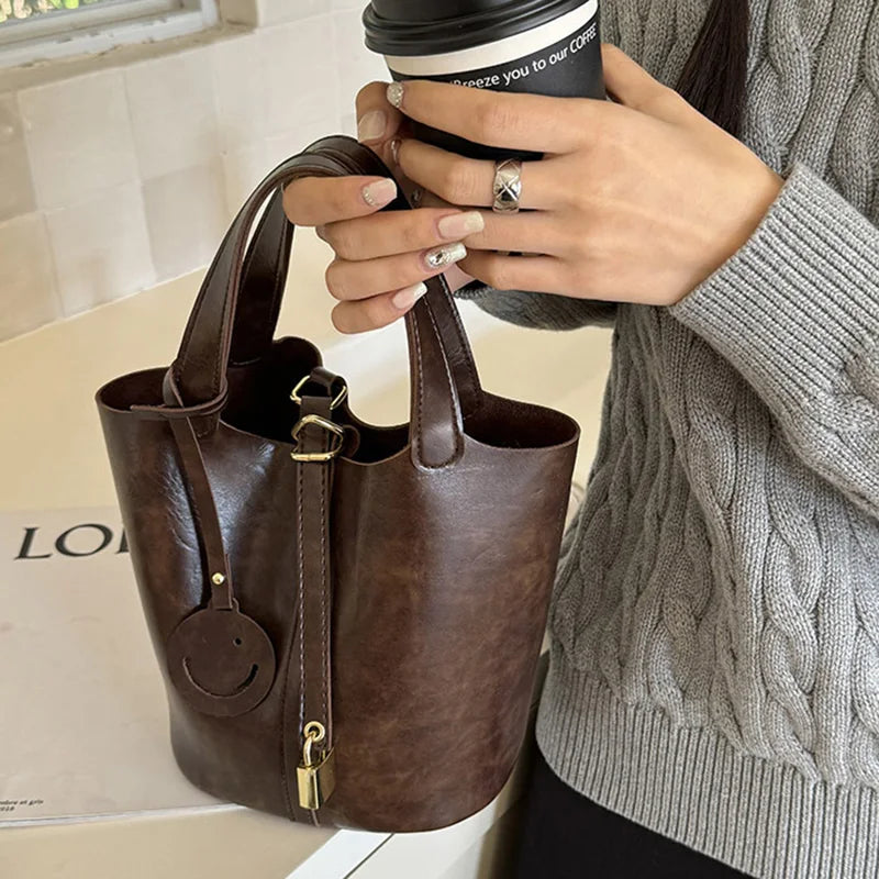PU Leather Lock Bucket Crossbody Shoulder Bag – Fashion Designer Tote Handbag for Women