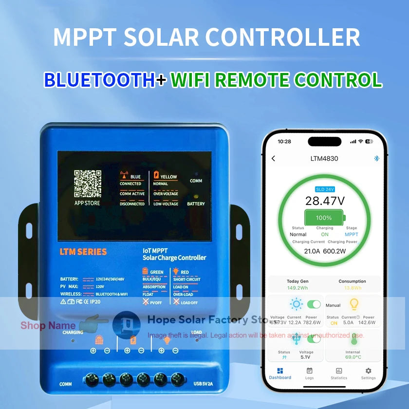 Smart MPPT Solar Charge Controller 30A/40A – 12V-48V Auto WiFi Bluetooth APP Remote LiFePO4 Lead Acid