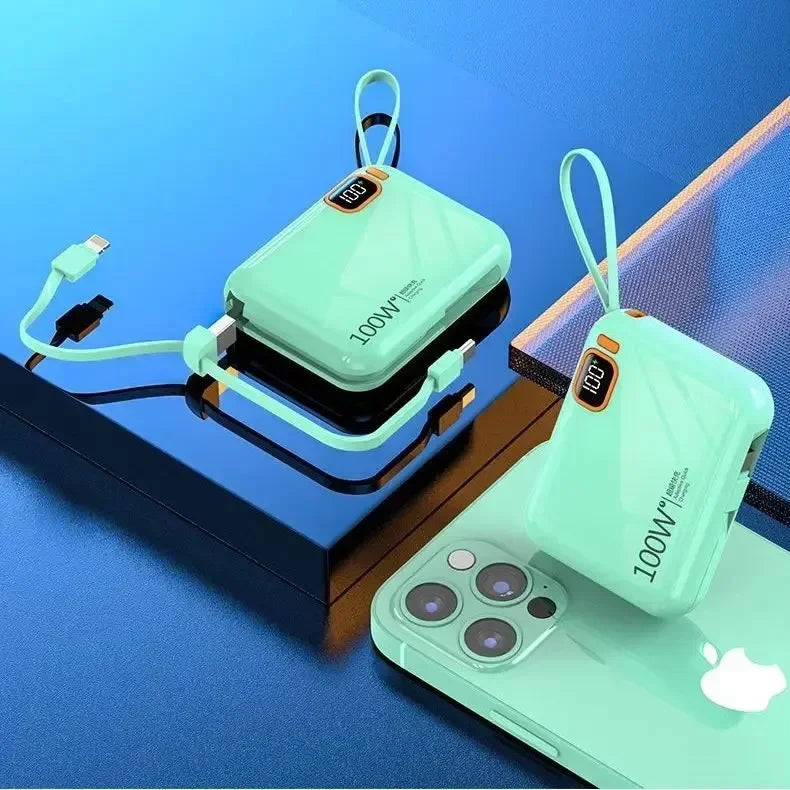 66W Portable Mini Power Bank 20000mAh – Built-in Cable, PD Fast Charging for iPhone & Android