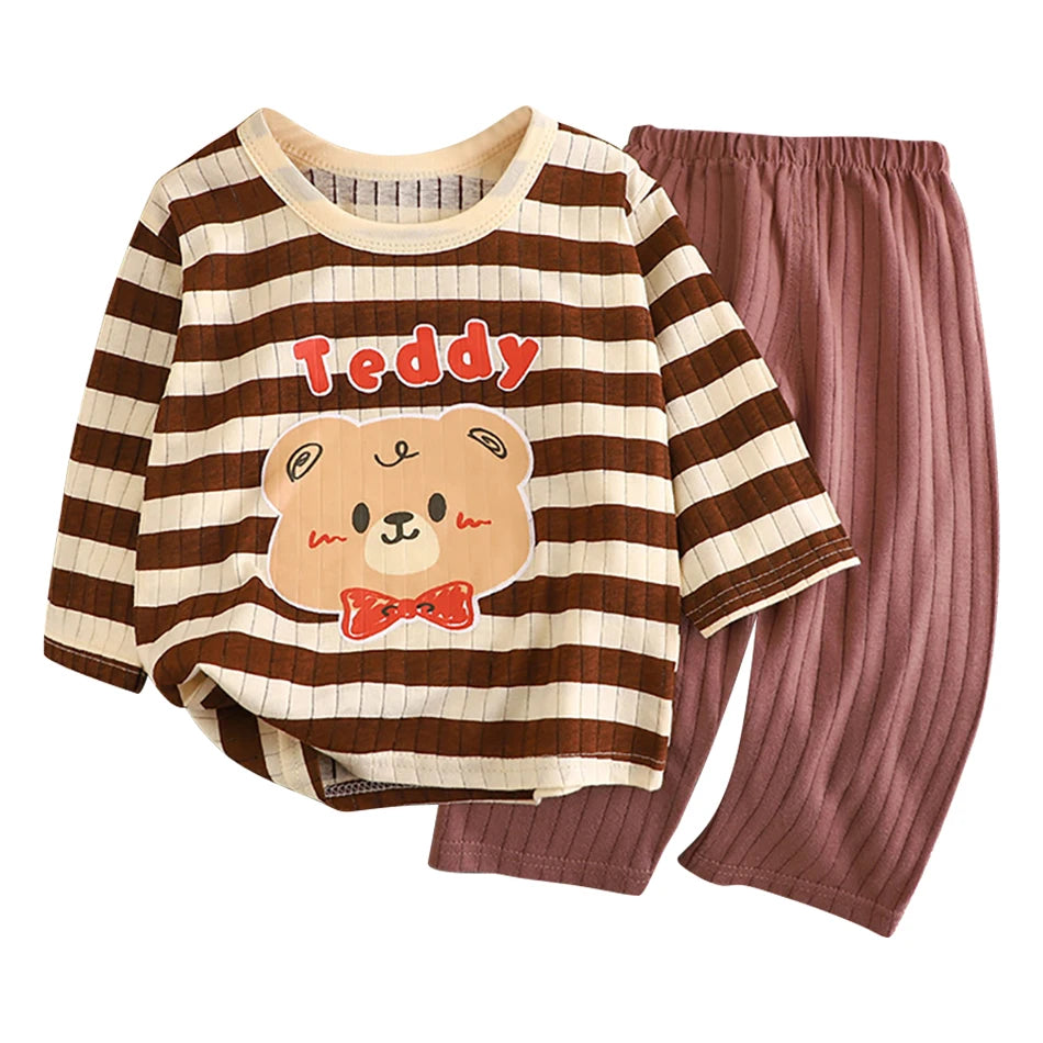 Kids' Cartoon Bear Long Sleeve Pajamas Set | Soft Breathable Sleepwear Boys & Girls