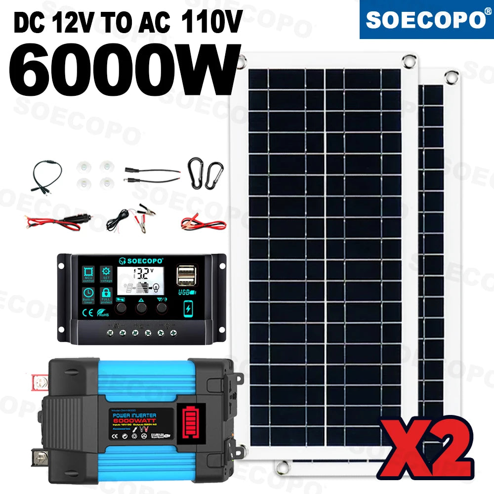 SOECOPO 6000W Solar Power System Kit – 200W x2 Panels, DC to AC Inverter, 100A Controller for Home & Camping