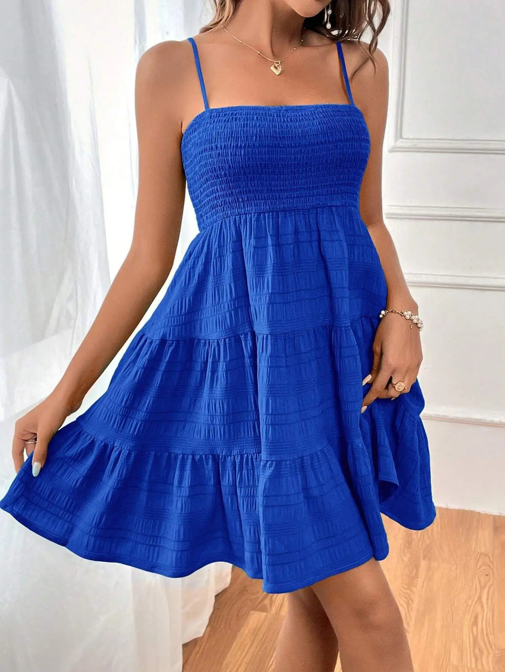 Women's Smocked Bustier Ruffled Tiered Swing Mini Dress – Spaghetti Strap Beach Vacation Dress
