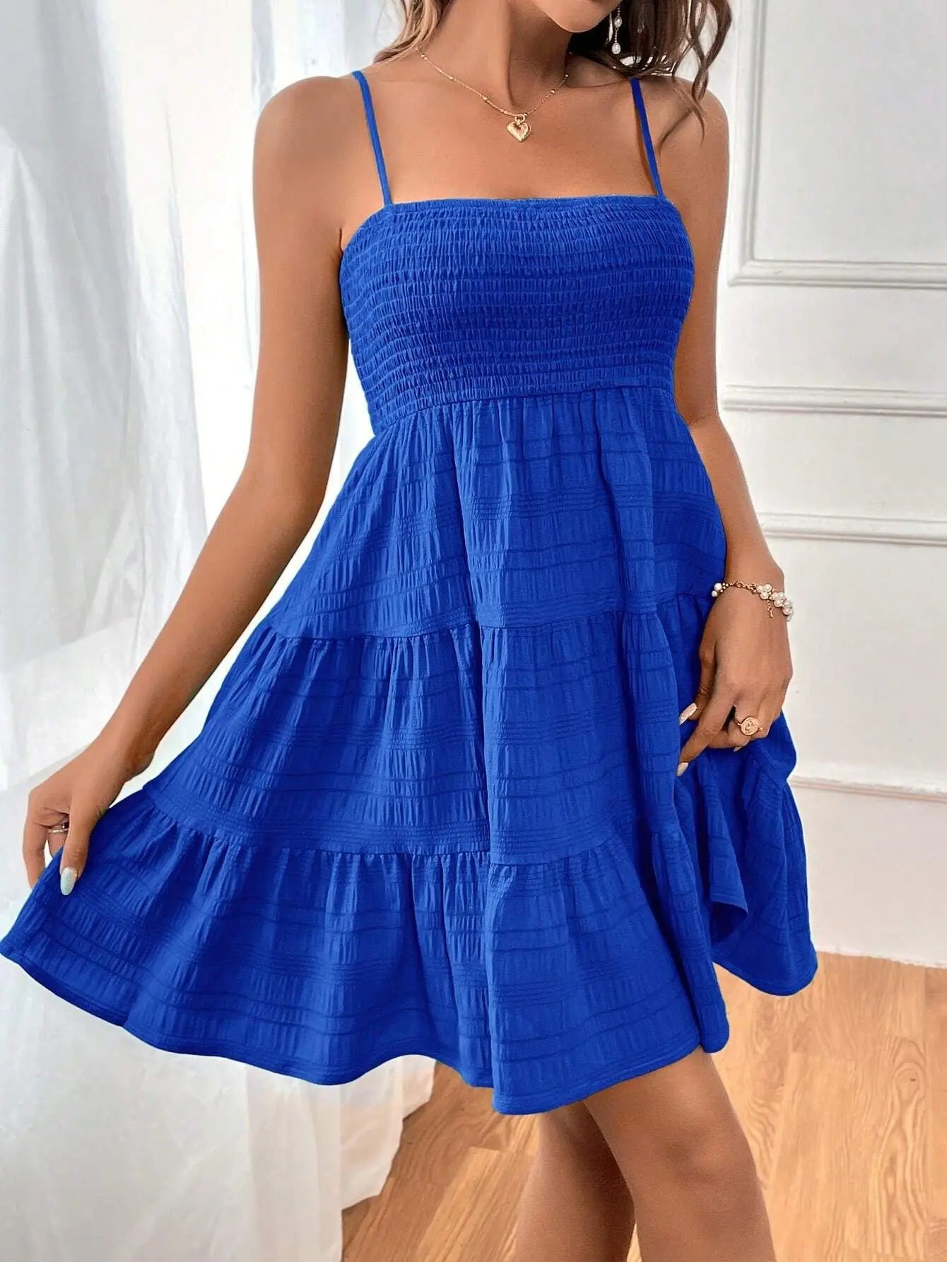 Women's Smocked Bustier Ruffled Tiered Swing Mini Dress – Spaghetti Strap Beach Vacation Dress