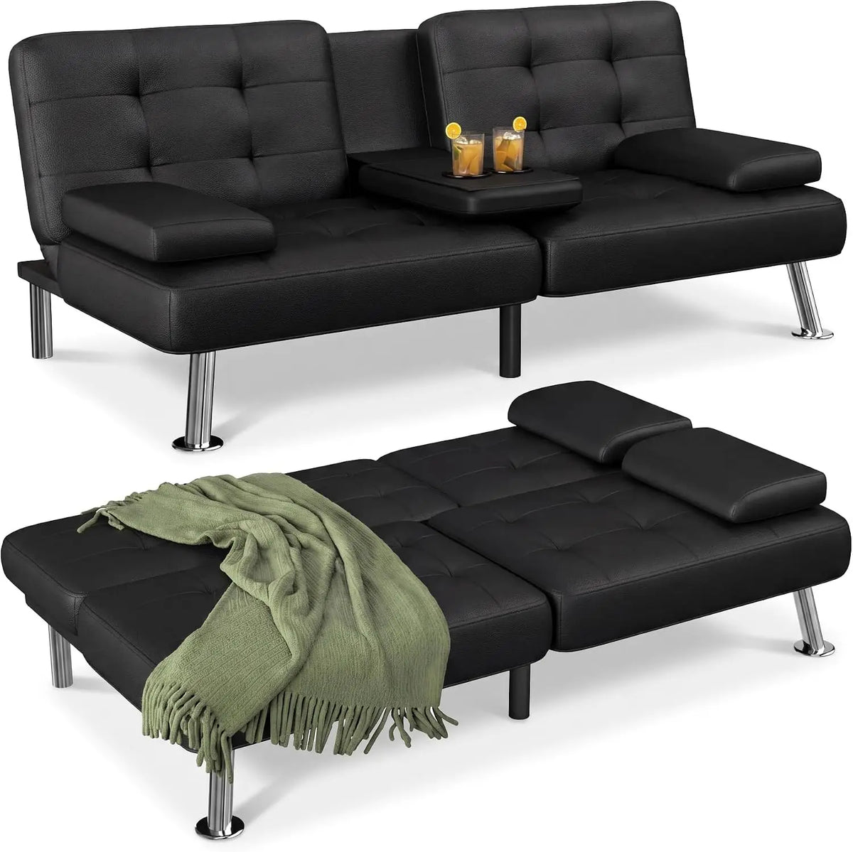 Black Futon Sofa Bed with Cup Holders & Adjustable Back