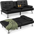 Black Futon Sofa Bed with Cup Holders & Adjustable Back