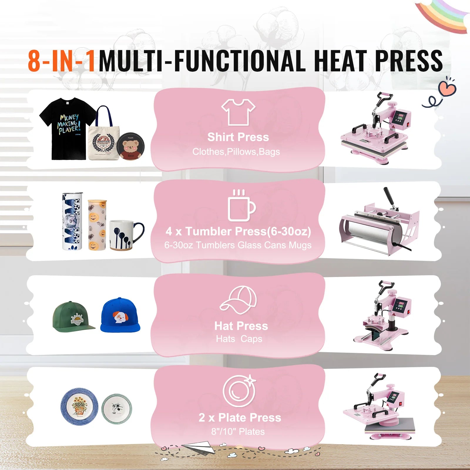 SucceBuy 8-in-1 Heat Press Machine — 360° Swing Away, 12x15" or 15x15", T-Shirts, Mugs, Hats & Plates