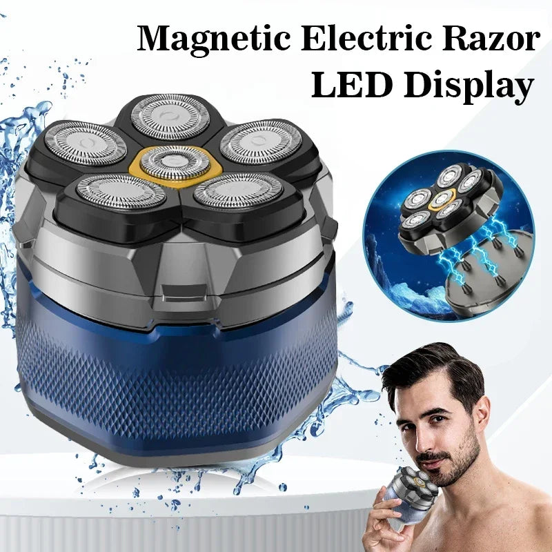 6D Magnetic Head Shaver for Bald Men – IPX8 Waterproof, LED Display, USB-C, 90-Min Charge