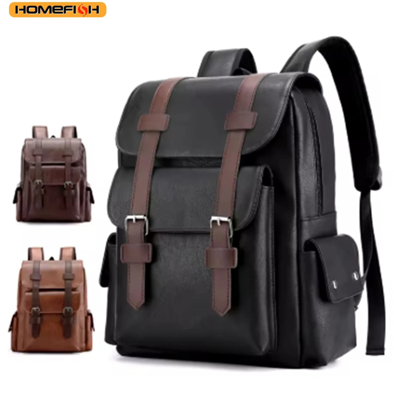 HOMEFISH PU Leather Backpack – Large Capacity Casual Daypack with 5 Pockets