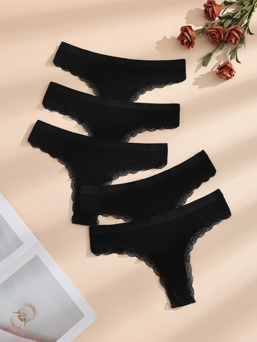 Women's Ribbed Cotton Stretch Thongs, 5-Pack