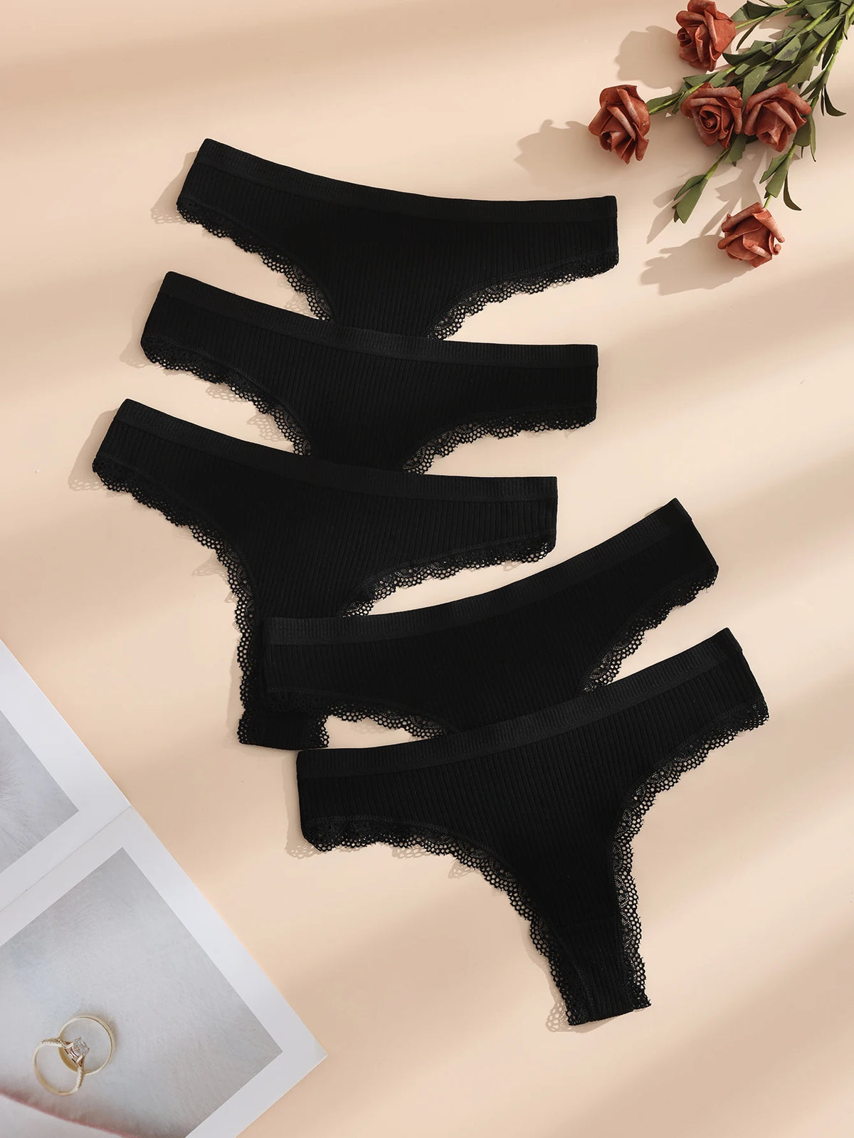 Women's Ribbed Cotton Stretch Thongs, 5-Pack