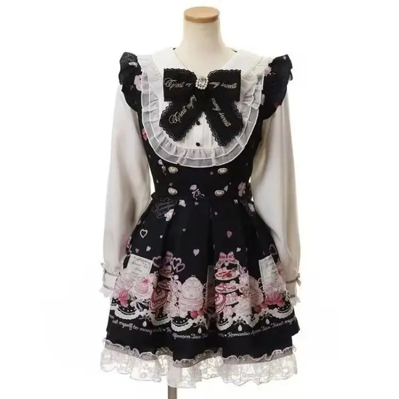 Japanese Gothic Lolita Mini Dress — Harajuku Y2K Bow Lace Ruffle Party Dress