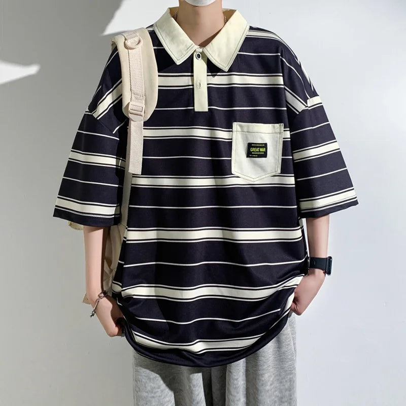 Men's Striped Polo Shirt — Loose Fit Short Sleeve Casual Summer Top