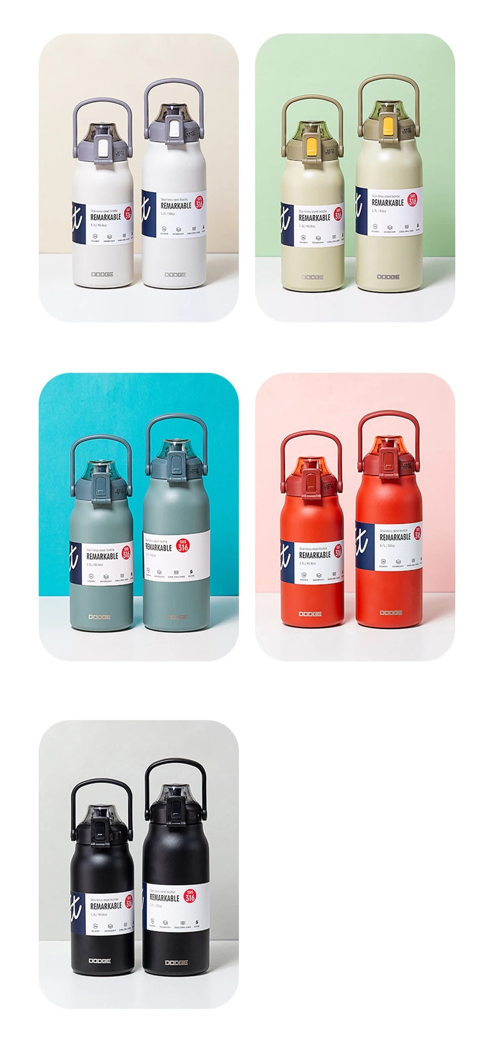 DODGE Large Capacity Vacuum Thermos Bottle with Straw – 1300ml/1700ml, 6–12Hr Insulated, CE/CIQ, 7 Colors