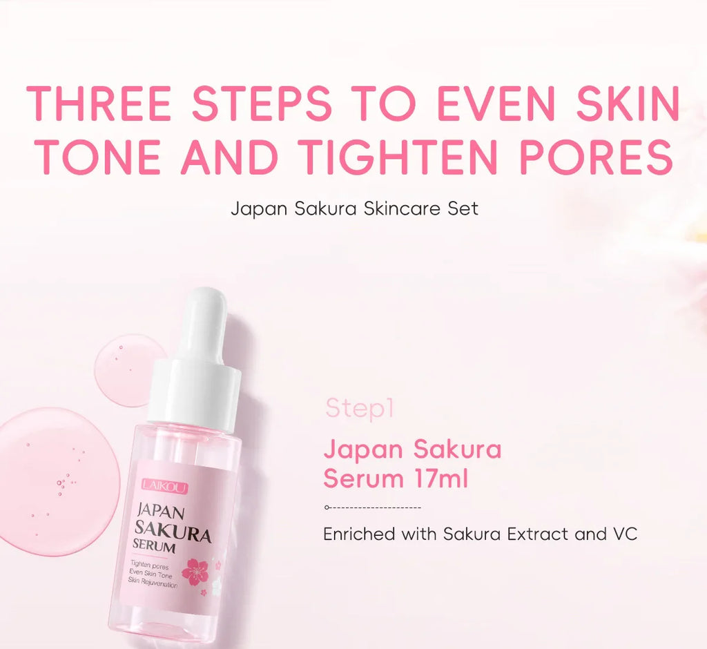LAIKOU Sakura Skincare Gift Set – Brightening Serum, Eye Cream & Essence Cream 3-Piece Box