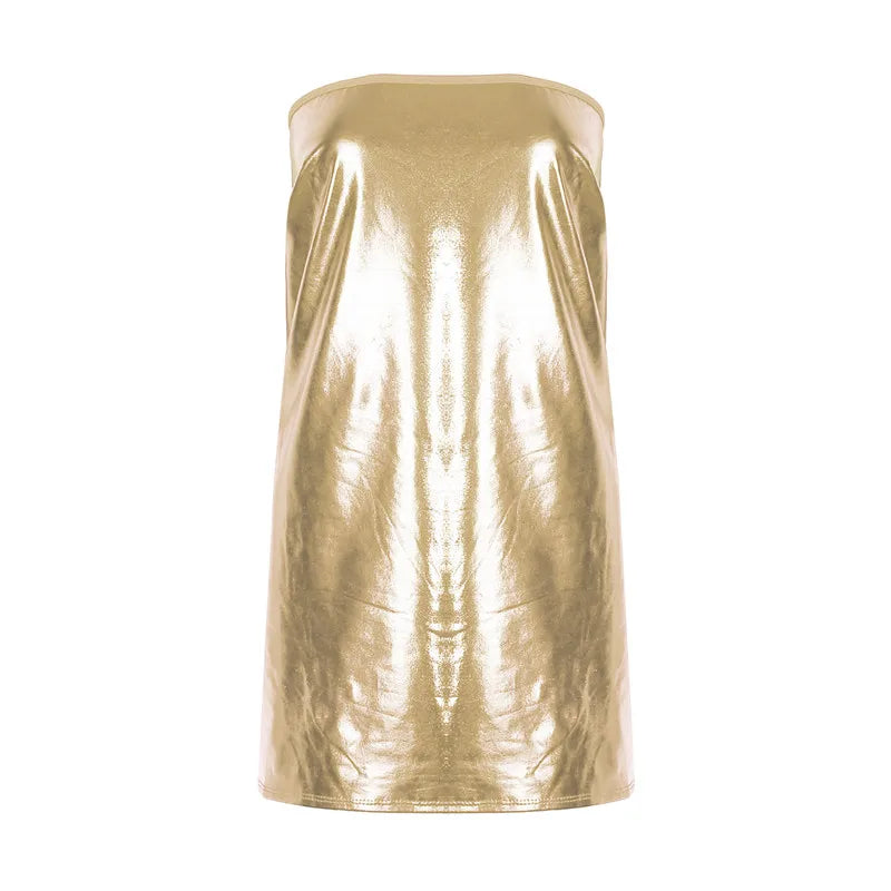 PU Leather Chest Wrap Mini Dress — Sleeveless Solid Clubwear Skirt