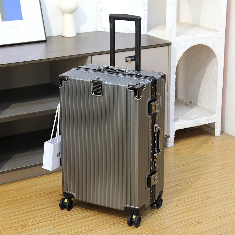 Aluminum Frame Leather Trolley Case — 20"/24"/26"/28" Universal Wheels