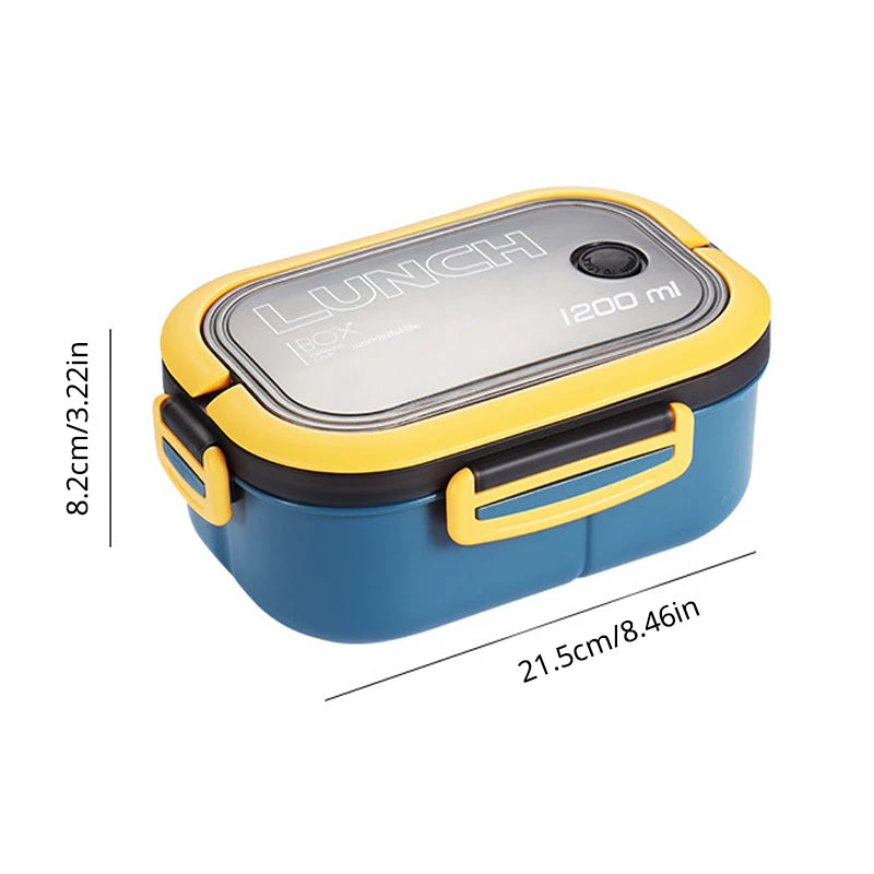 Blue and yellow lunch box with dimensions on a white background