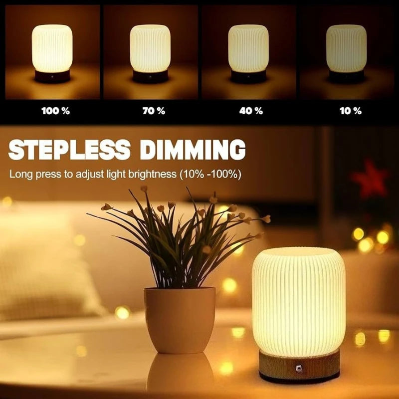 Wood-Grain Touch Lamp – Rechargeable Bedside Light