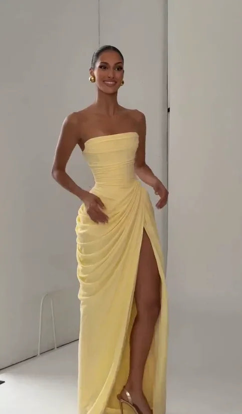Sexy Strapless Pleated Maxi Dress – Off-Shoulder Backless High Waist Split Evening Party Gown