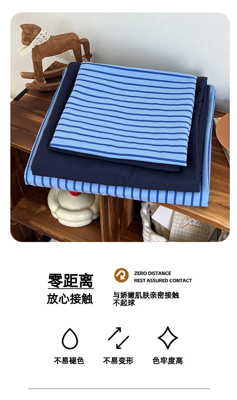 Stripe Print Washed Polyester Bedding Set – 3 or 4-Piece Duvet Cover with Sheet & Pillowcases, 6 Colors