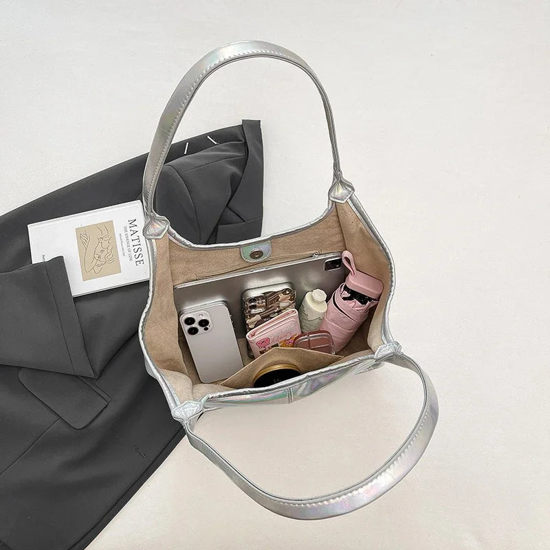 Silver TPU Large Capacity Tote Bag – Luxury Business Shoulder Handbag for Women