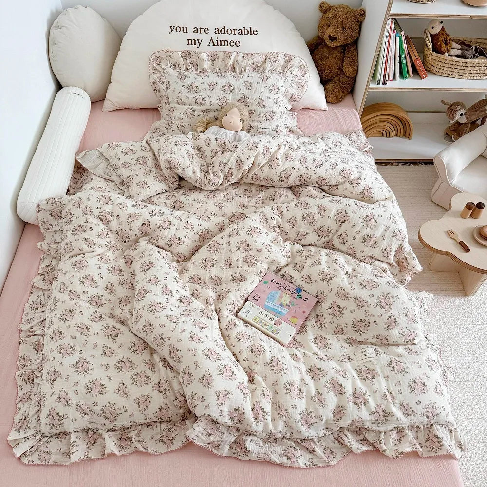 Princess Ruffle Bedding Set – 100% Cotton Gauze Duvet Cover with Pillowcases, Floral, 3-Piece