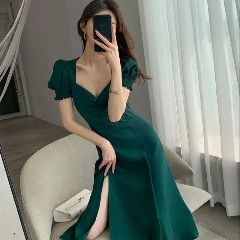 V-Neck Puff Sleeve A-Line Maxi Dress — Side Slit Slim Evening Party Dress