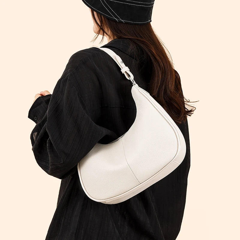 100% Genuine Cowhide Leather Half-Moon Underarm Tote Bag – Crossbody Shoulder Bag for Women