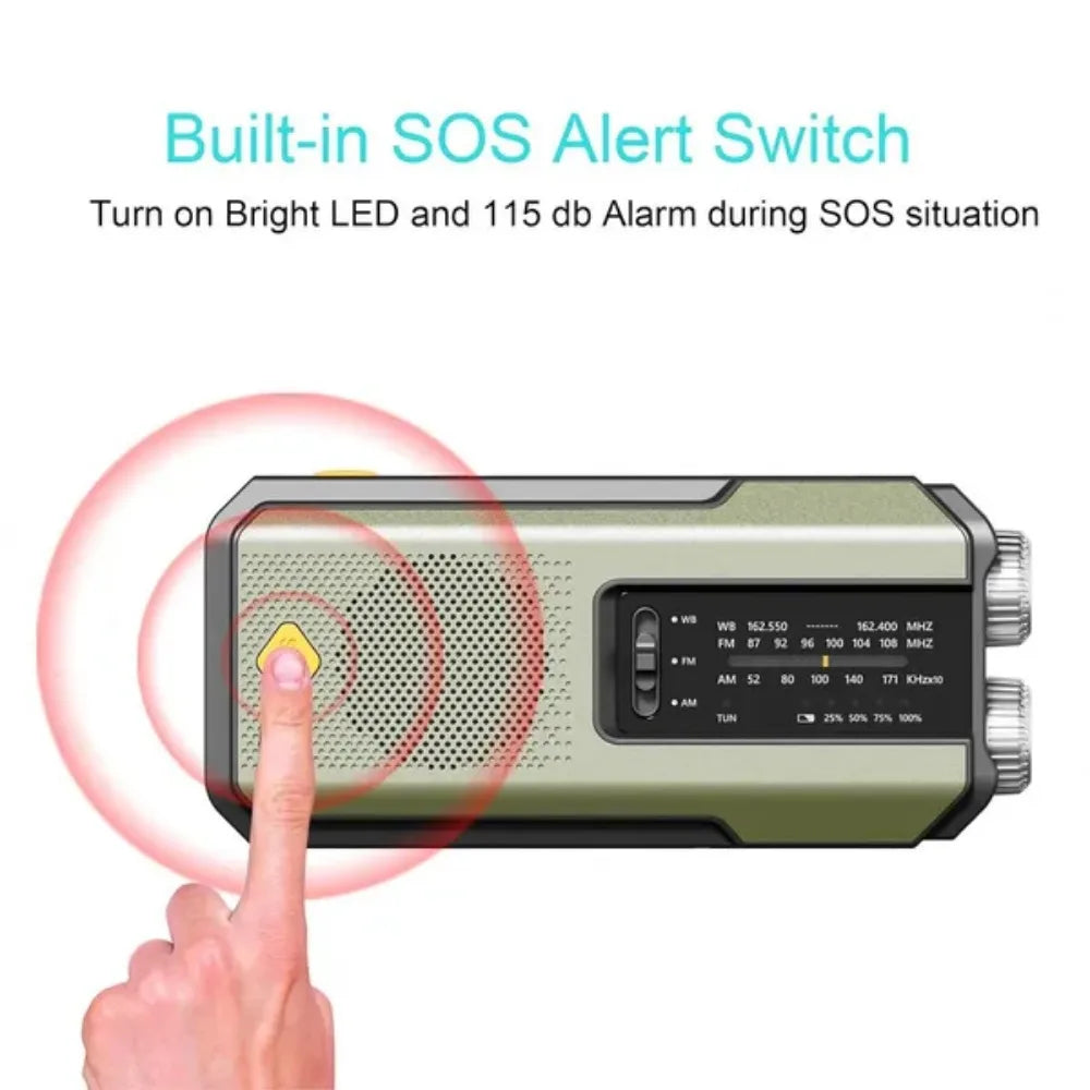 Emergency Weather Radio — FM/AM/WB, Hand Crank Solar, 2000mAh Power Bank & LED Flashlight