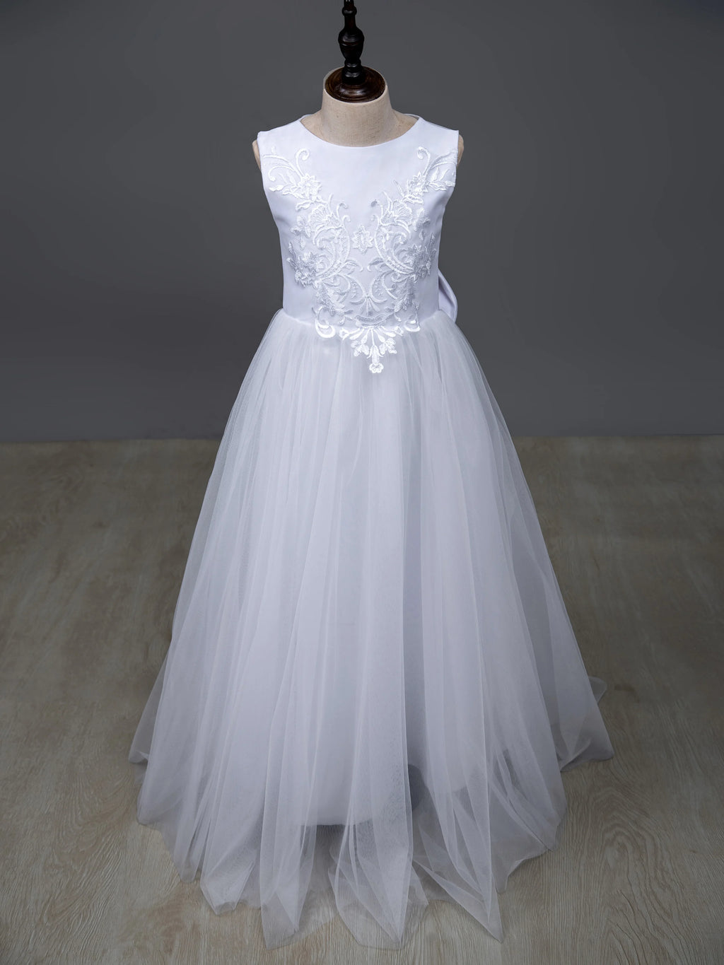 Long Sleeve Flower Girl Dress — White Lace Tulle First Communion & Bridesmaid Dress