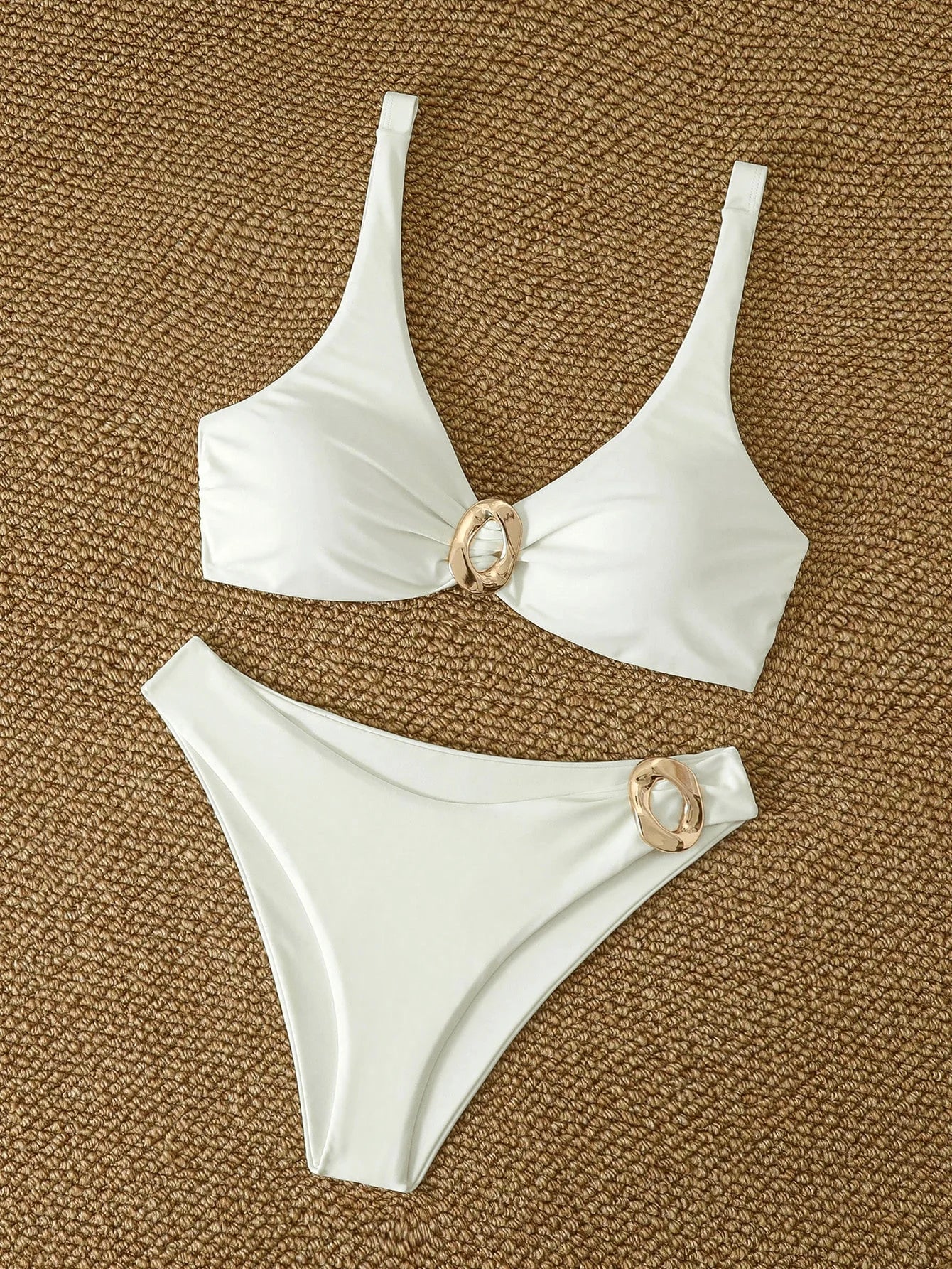 Sexy White Bikini Set 2026 | Metal Buckle, Pleated Push-Up Bra, Thong, Summer Bathing Suit
