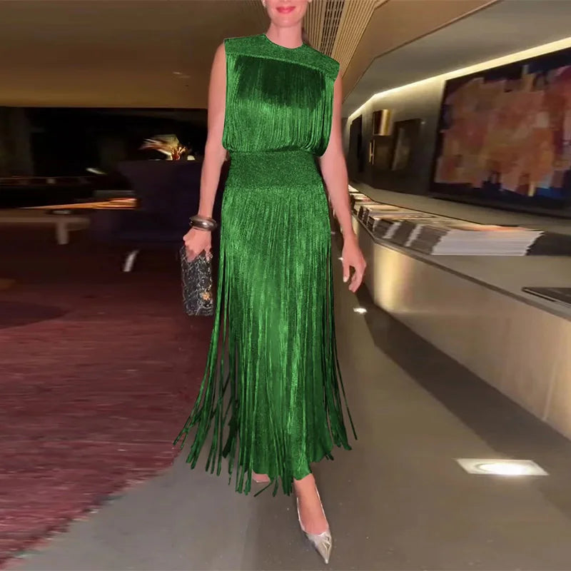 Sequin Tassel Evening Dress — Sleeveless O-Neck High Waist Slim Long Party Dress