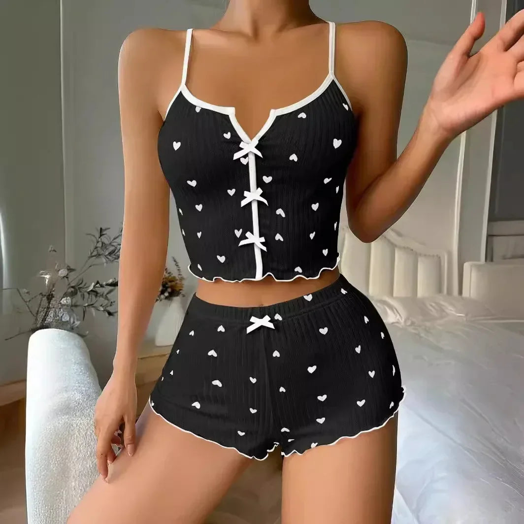 Heart Print Frill Trim Cami & Shorts Pajama Set — Cute Loungewear