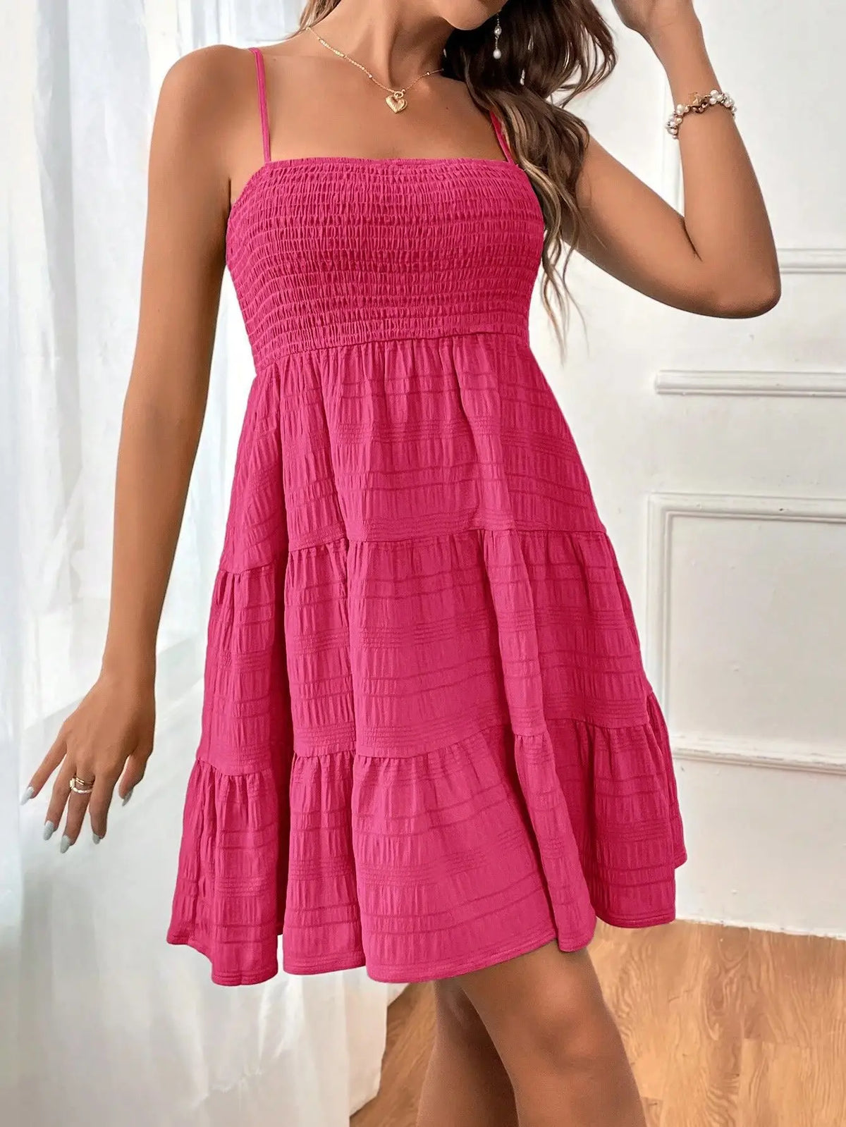 Women's Smocked Bustier Ruffled Tiered Swing Mini Dress – Spaghetti Strap Beach Vacation Dress