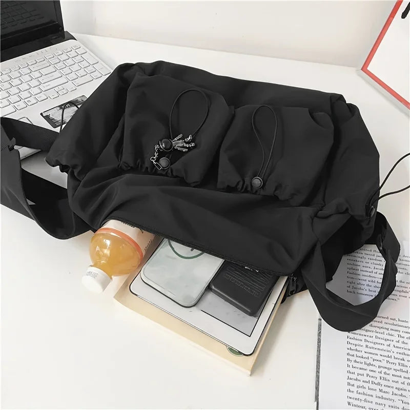Fashionable Drawstring Crossbody Bag – Spacious Zipper Closure Shoulder Bag with Bag Charm