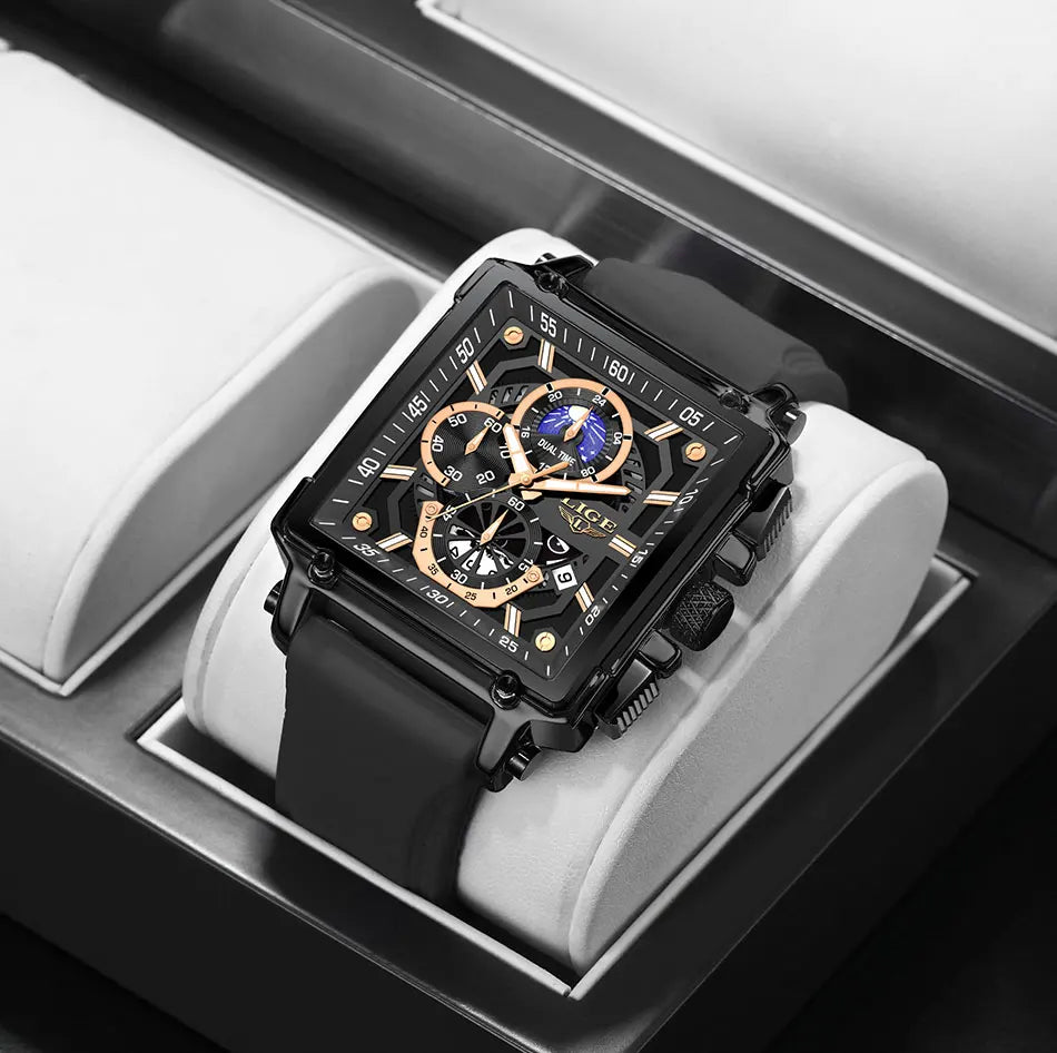 LIGE Men's Hollow Square Sport Watch | Fashion Silicone Strap Waterproof Quartz Wristwatch with Box