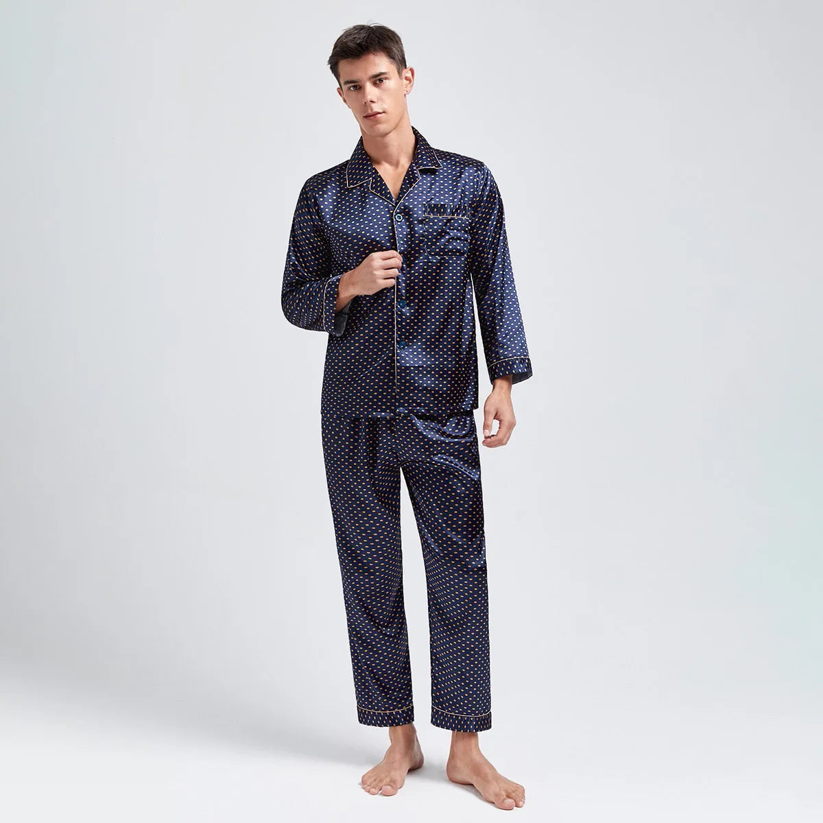Men's Ice Silk Satin Pajama Set — Long Sleeve Top & Pants Sleepwear