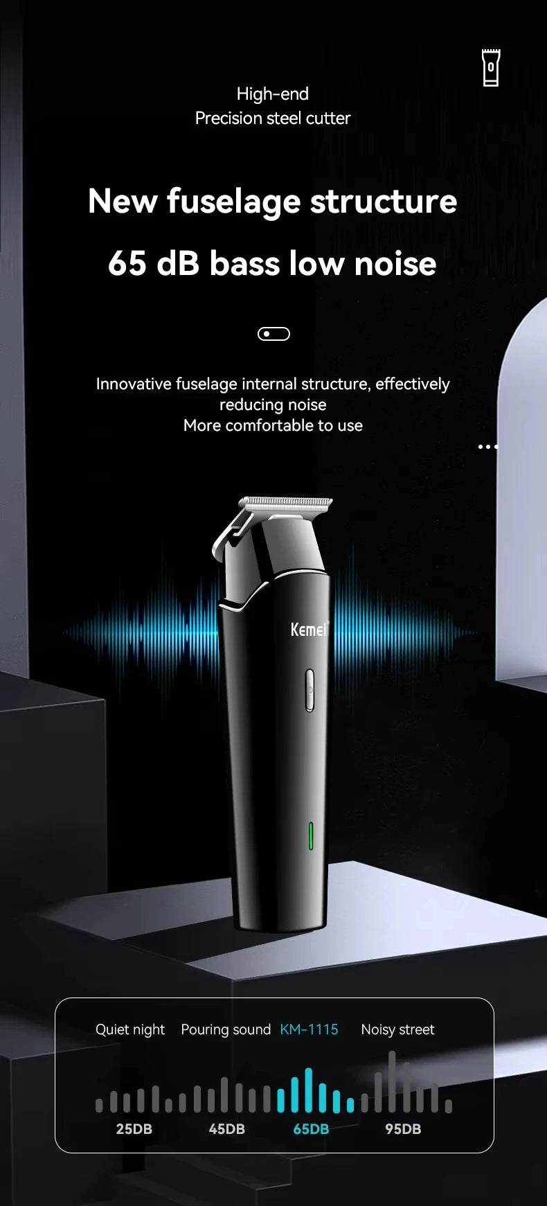 Kemei KM-1115 Professional Hair Clipper – USB Fast Charge, 160-Min Battery, Low Noise, Cordless