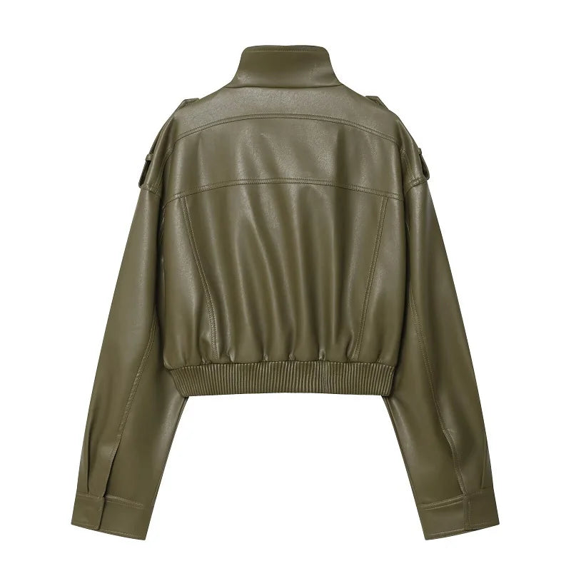 Women's Faux Leather Cropped Bomber Jacket – Zip-Up Moto Biker Coat