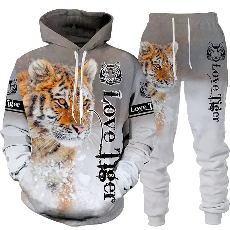 Men's 3D Tiger Print Hoodie & Pants Tracksuit Set – 2-Piece Sportswear