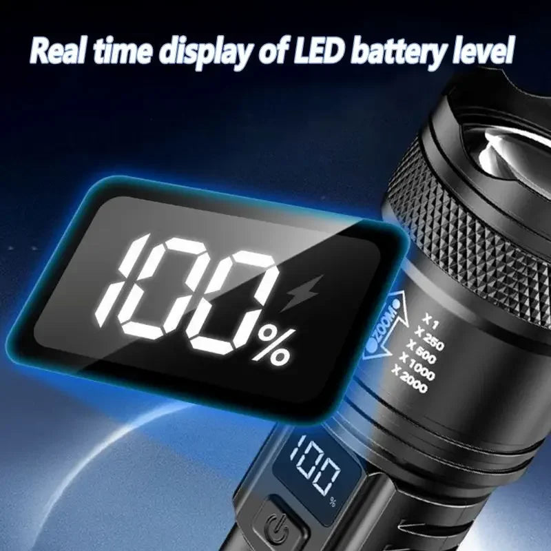 2000 Lumen P50 LED Tactical Flashlight – IP67 Waterproof, Telescopic Zoom, LCD Display, Type-C Rechargeable