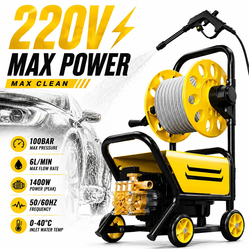 220V Household High Pressure Car Washer Portable Boost Water Gun with Roller Mobile Cleaning Machine for Car Yard Washing