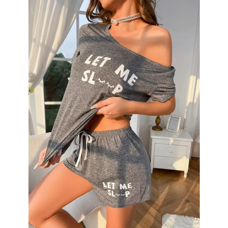 Letter Print Short Sleeve Top & Shorts Pajama Set — Casual Homewear