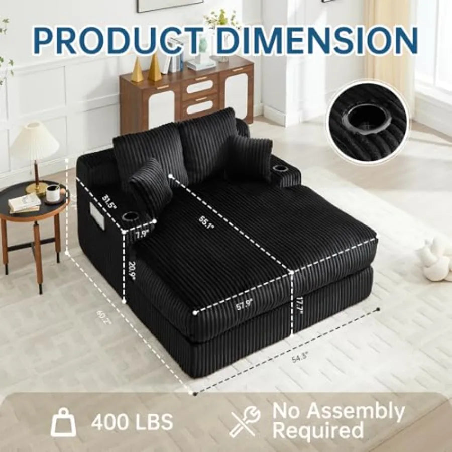 60-Inch Black Oversized Boneless Chaise Lounge
