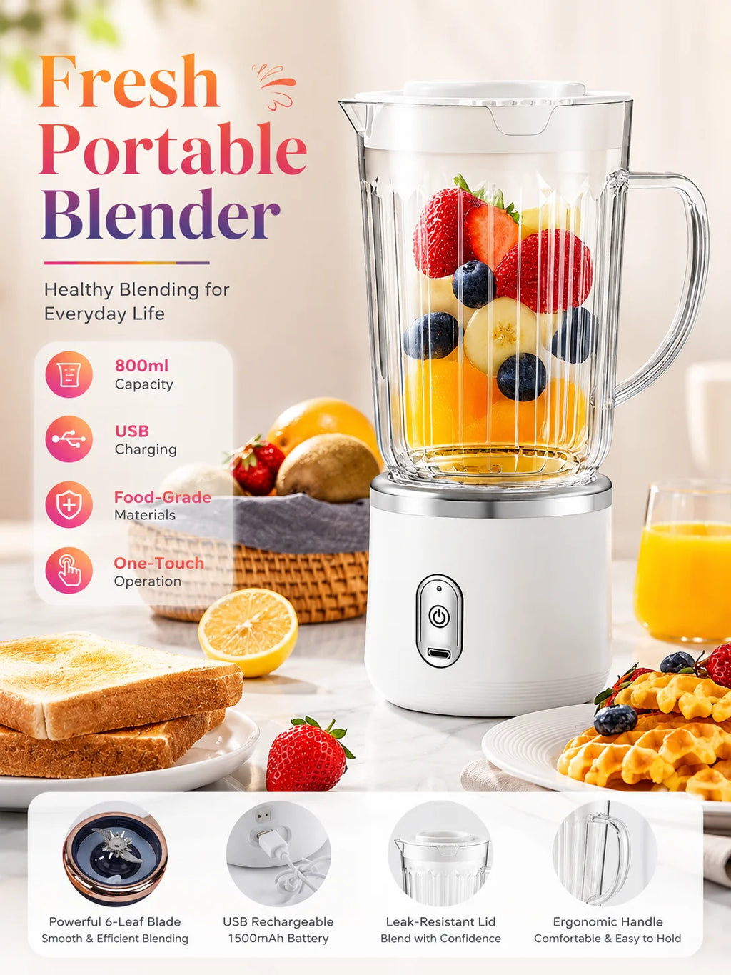 800ml Big Cup Electric Juicer Blender One-Button Operation USB Charging Portable Ice Fruit Smoothie Maker