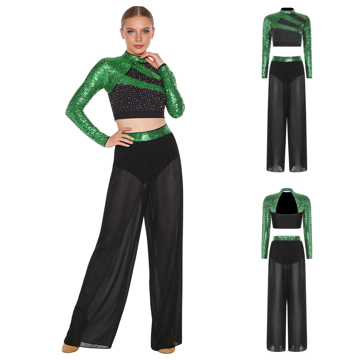 Women's Dance Performance Costume – Shiny Crop Top & Sheer Pants for Skating, Gymnastics & Ballet