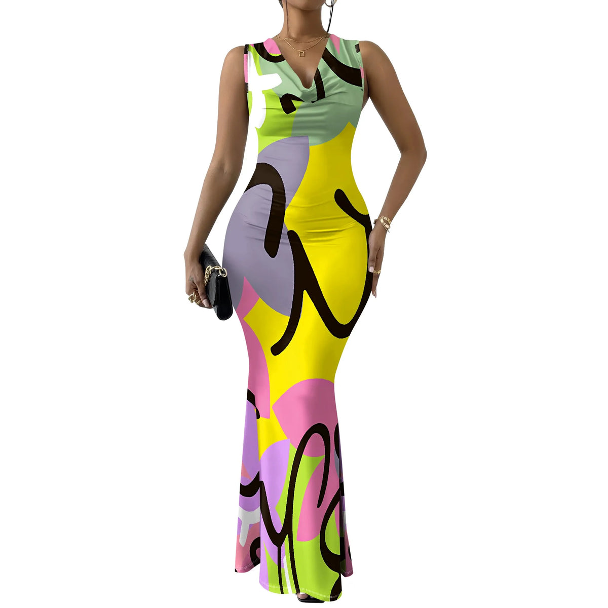 Colorful Geometric Off-Shoulder Maxi Dress — Artistic Party Evening Resortwear Dress