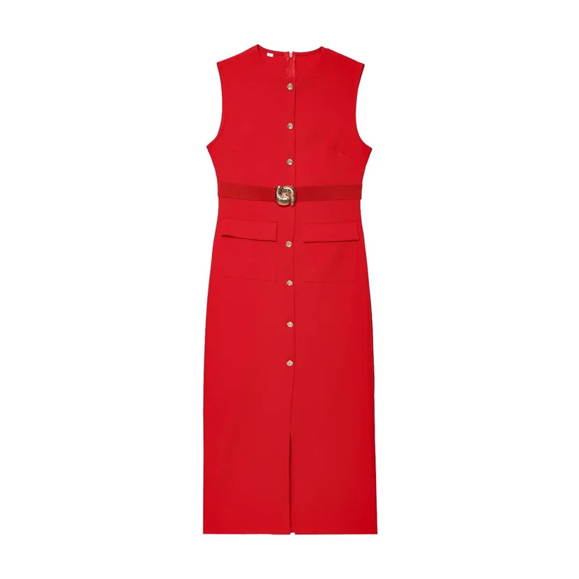 Button-Up Sleeveless Sundress — Slim A-Line Midi Casual Elegant Dress