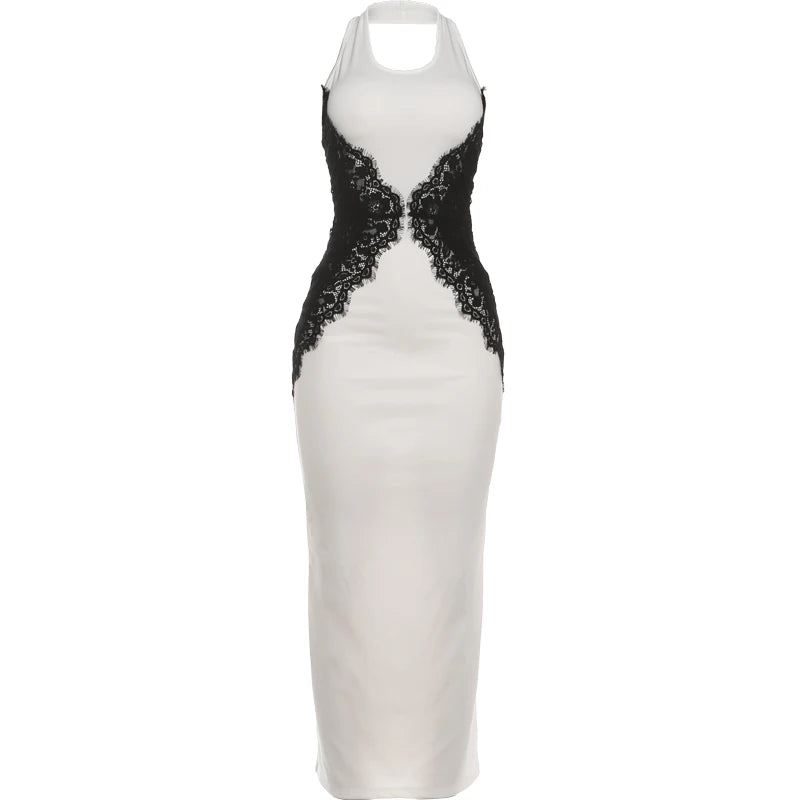 Lace Patchwork Halter Maxi Dress — Off-Shoulder Backless Elegant Evening Gown